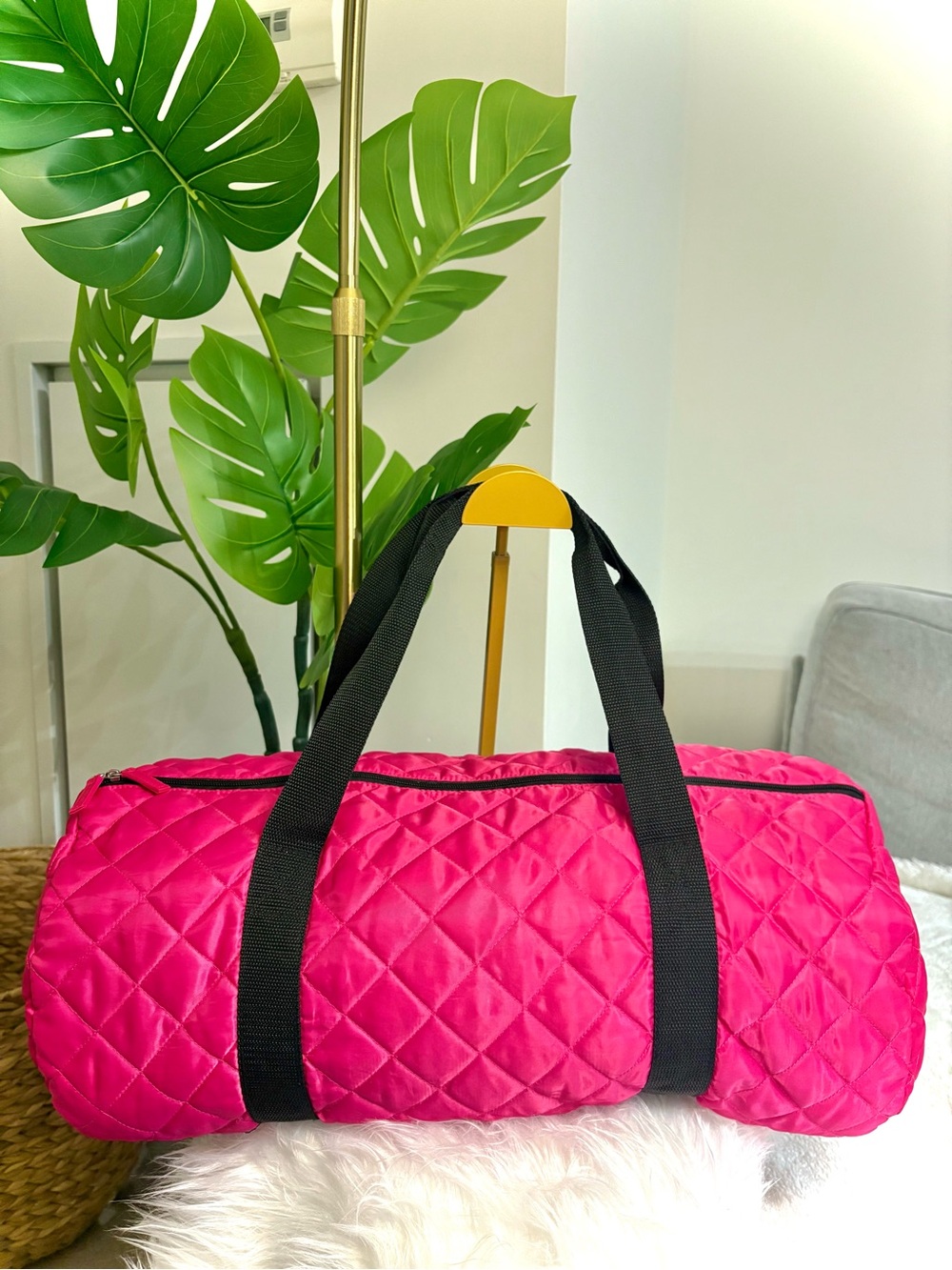 Hot Pink Quilted Duffle Gym Bag Y2K Barbiecore Weekender Tote